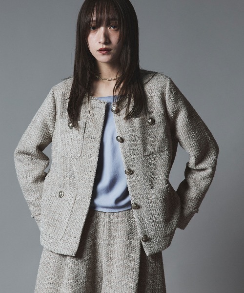 W:Huku(フーク)の「ウールミックス ツイード ノーカラー ジャケット / Wool-Blend Tweed Collarless Jacket(ノーカラージャケット・レディース・ライトグレー・FREE)」の4枚目の写真