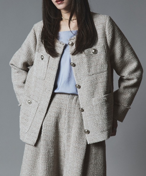 W:Huku(フーク)の「ウールミックス ツイード ノーカラー ジャケット / Wool-Blend Tweed Collarless Jacket(ノーカラージャケット・レディース・ライトグレー・FREE)」の7枚目の写真