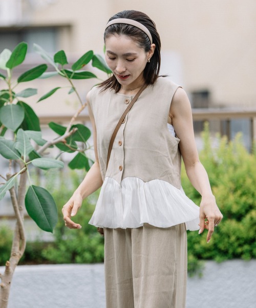 lodie（ロディ）の「【ラグジュアリー セットアップ】異素材フリルベストとワイドパンツ（セットアップ・レディース・ブラック/ベージュ・FREE）」の8枚目の写真
