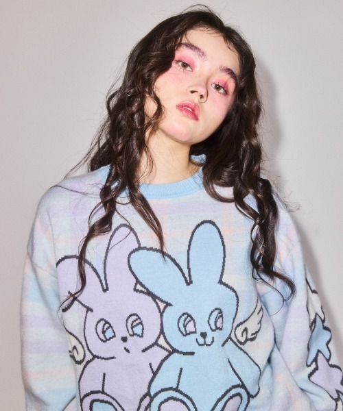 Candy Stripper(キャンディストリッパー)の「TWIN BUNNYS CHECK ニット(ニット/セーター・レディース・ライトイエロー/ピンク/ライトブルー・FREE)」の5枚目の写真