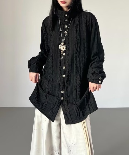 FreeZone(フリーゾーン)の「2WAYスタンドカラー ワッシャーオーバーサイズシャツ/ユニセックス(シャツ/ブラウス・メンズ・ブラック/ホワイト・F)」の20枚目の写真