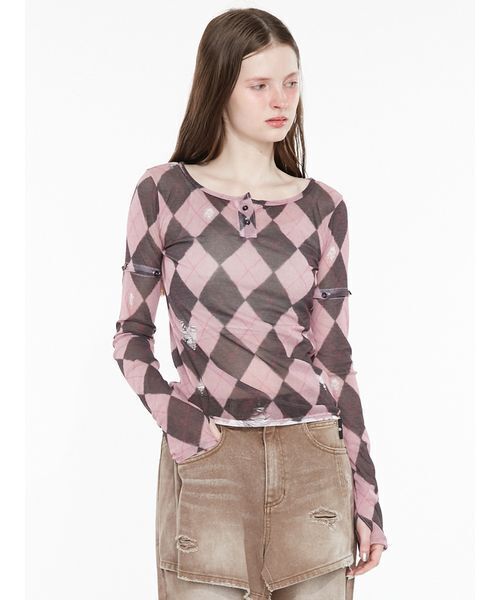 SORIN(ソリン )の「Argyle Check Print Top / アーガイルチェックプリントトップ(Tシャツ/カットソー・レディース・ダークグレー/ピンク・38)」の1枚目の写真