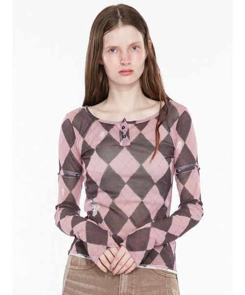 SORIN(ソリン )の「Argyle Check Print Top / アーガイルチェックプリントトップ(Tシャツ/カットソー・レディース・ダークグレー/ピンク・38)」の4枚目の写真