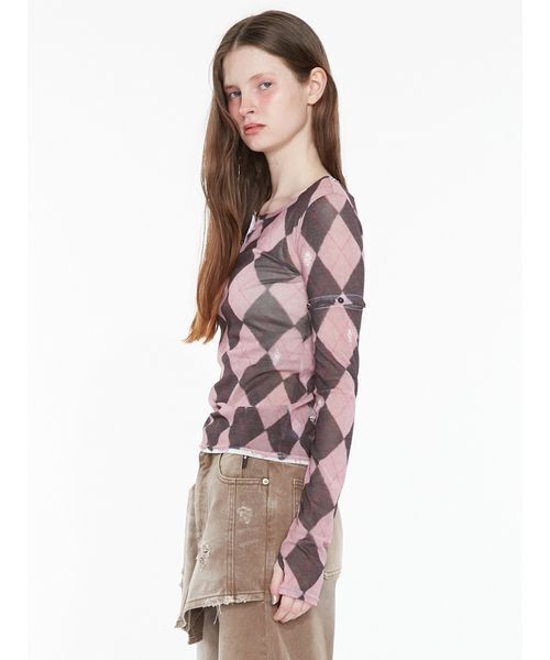 SORIN(ソリン )の「Argyle Check Print Top / アーガイルチェックプリントトップ(Tシャツ/カットソー・レディース・ダークグレー/ピンク・38)」の5枚目の写真