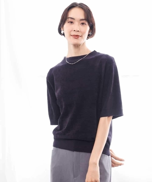 MICHEL KLEIN(ミッシェル・クラン)の「モール半袖プルオーバー(ニット/セーター・レディース・ボルドー/ネイビー/ライトグレー・38)」の1枚目の写真