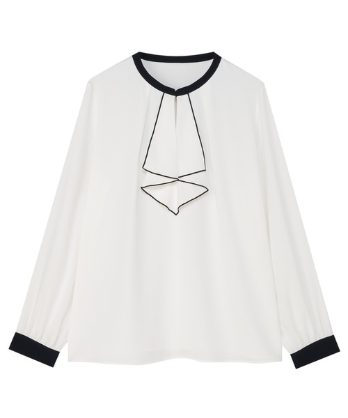 TOKYO SHIRTS（トウキョウシャツ）の「マットジョーゼット 配色 フレアブラウス 長袖 レディースデザインシャツ（シャツ/ブラウス・レディース・ピンク系/ホワイト×ネイビー/ブルー系・M/L）」の2枚目の写真