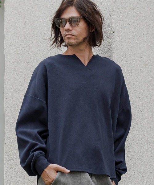 mlt5835- Honeycomb Waffle Key Neck Long Sleeve Tee キーネックロンT