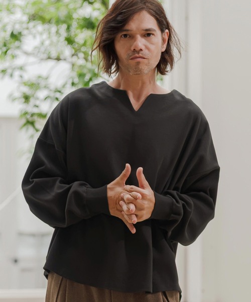 mlt5835- Honeycomb Waffle Key Neck Long Sleeve Tee キーネックロンT