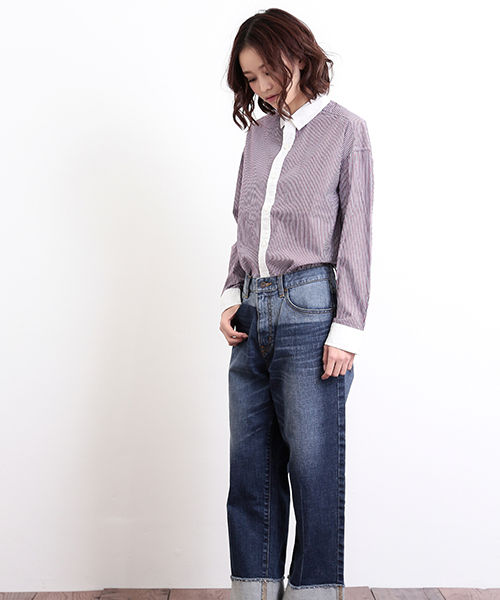 CUBE SUGAR（キューブシュガー）の「11.6ozデニム　裾ダブルストレートパンツ（デニムパンツ・レディース・ネイビー/ブルー・M/S）」の21枚目の写真