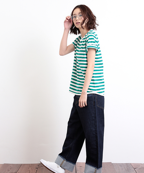 CUBE SUGAR（キューブシュガー）の「11.6ozデニム　裾ダブルストレートパンツ（デニムパンツ・レディース・ネイビー/ブルー・M/S）」の19枚目の写真