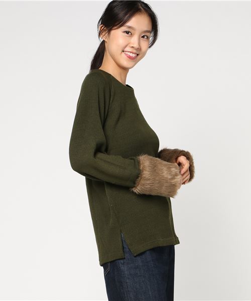 KOBE LETTUCE（コウベレタス）の「今季抑えておきたいエコファーitem★コーデのアクセントに！袖ファーニットソーチュニック/レディース/トップス[C2889]神戸レタス（チュニック・レディース・カーキ/ブラック/ネイビー/ブラウン・FREE）」の4枚目の写真