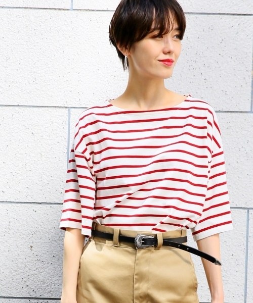 LOWRYS FARM（ローリーズファーム）の「ボーダーＢＩＧＴシャツ　802980（Tシャツ/カットソー・レディース・オフホワイト/ブラック/ベージュ/ブルー/レッド/ブラウン・MEDIUM/LARGE）」の6枚目の写真