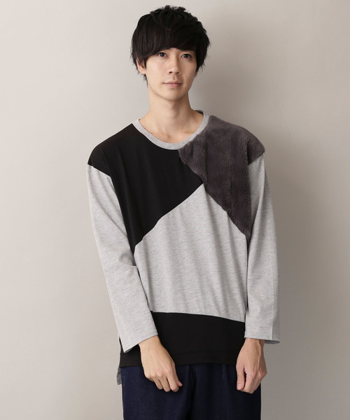 MONO-MART(モノマート)の「切替ファー仕様 ビッグシルエットL/Sカットソー(Tシャツ/カットソー・メンズ・ブラック/カーキ/杢グレー・M/L)」の2枚目の写真