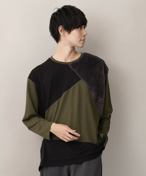 MONO-MART(モノマート)の「切替ファー仕様 ビッグシルエットL/Sカットソー(Tシャツ/カットソー・メンズ・ブラック/カーキ/杢グレー・M/L)」の3枚目の写真