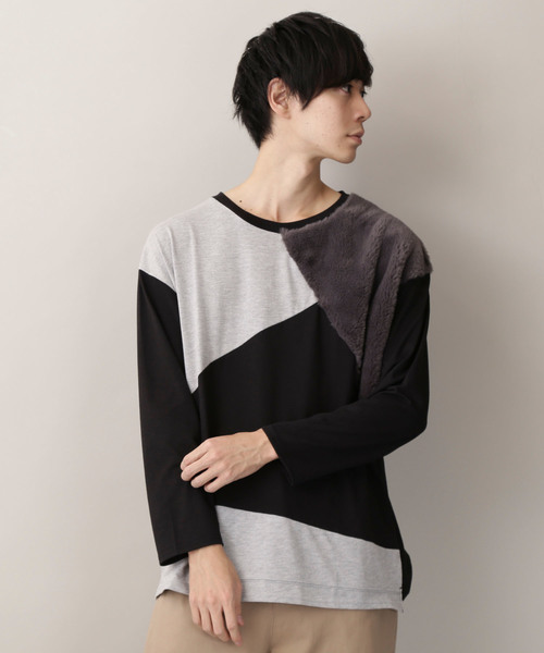 MONO-MART(モノマート)の「切替ファー仕様 ビッグシルエットL/Sカットソー(Tシャツ/カットソー・メンズ・ブラック/カーキ/杢グレー・M/L)」の1枚目の写真