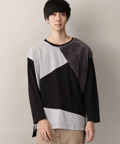 MONO-MART(モノマート)の「切替ファー仕様 ビッグシルエットL/Sカットソー(Tシャツ/カットソー・メンズ・ブラック/カーキ/杢グレー・M/L)」の4枚目の写真