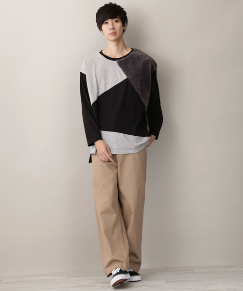 MONO-MART(モノマート)の「切替ファー仕様 ビッグシルエットL/Sカットソー(Tシャツ/カットソー・メンズ・ブラック/カーキ/杢グレー・M/L)」の7枚目の写真