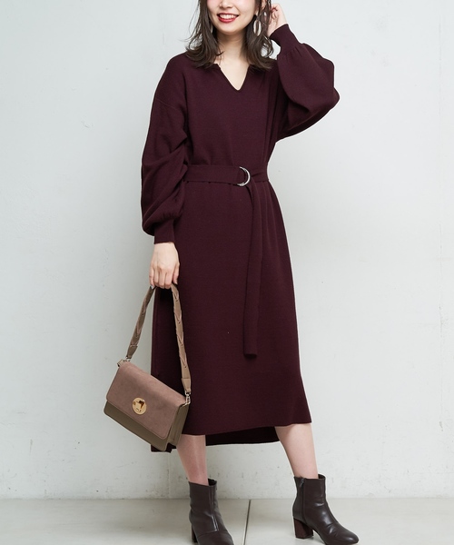 natural couture（ナチュラルクチュール）の「キーネックニットワンピ（ワンピース・レディース・ブラック/ベージュ/ブラウン/ピンク/キャメル・FREE）」の3枚目の写真