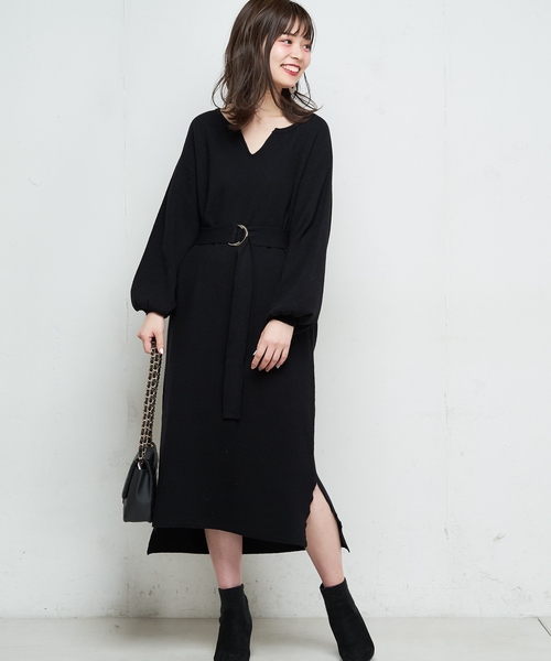 natural couture（ナチュラルクチュール）の「キーネックニットワンピ（ワンピース・レディース・ブラック/ベージュ/ブラウン/ピンク/キャメル・FREE）」の2枚目の写真