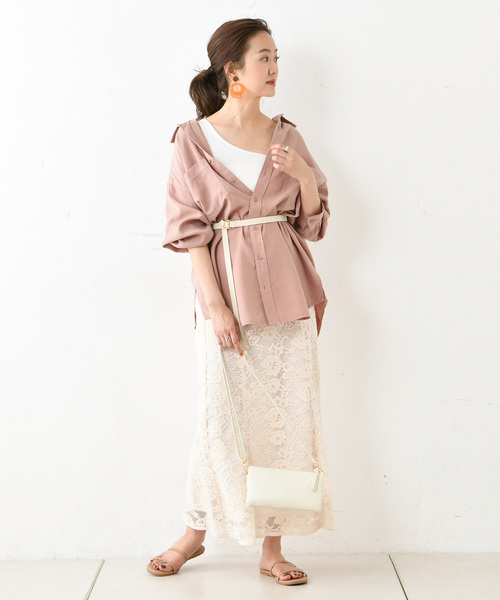 DouDou（ドゥドゥ）の「バック切替ビッグシャツ（シャツ/ブラウス・レディース・ピンク/オフホワイト/ブラウン・FREE）」の20枚目の写真