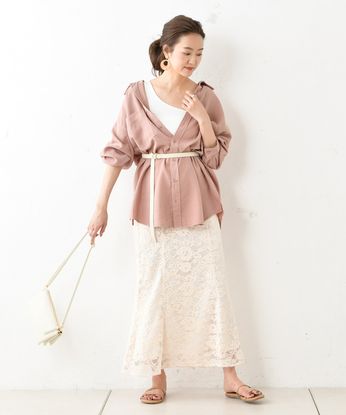 DouDou（ドゥドゥ）の「バック切替ビッグシャツ（シャツ/ブラウス・レディース・ピンク/オフホワイト/ブラウン・FREE）」の21枚目の写真