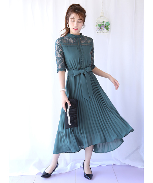 ハイネックラメレース袖付き ドレス Blueeast ブルーイースト のファッション ワンピース プリーツスカートミモレ丈パーティードレス 結婚式ワンピース 成人式ドレス ドレス