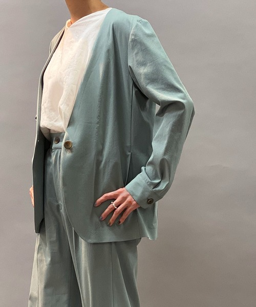 Munich（ミューニック）の「レーヨン麻ノーカラージャケット(セットアップ可）（ノーカラージャケット・レディース・ライトグレー/ブラック/ライトグリーン・S/XS）」の10枚目の写真