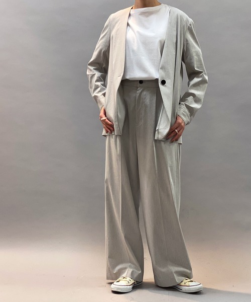 Munich（ミューニック）の「レーヨン麻ノーカラージャケット(セットアップ可）（ノーカラージャケット・レディース・ライトグレー/ブラック/ライトグリーン・S/XS）」の5枚目の写真