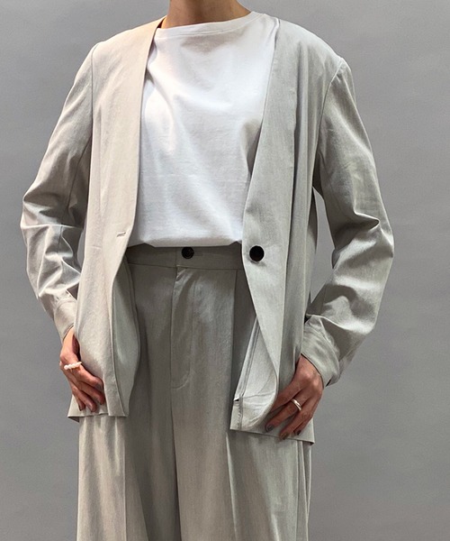 Munich（ミューニック）の「レーヨン麻ノーカラージャケット(セットアップ可）（ノーカラージャケット・レディース・ライトグレー/ブラック/ライトグリーン・S/XS）」の8枚目の写真