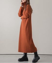 タートルネックリブニットロングワンピ