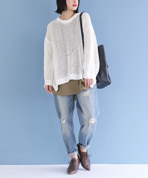 osharewalker（オシャレウォーカー）の「【廃盤】『ケーブル切替メッシュニット』（ニット/セーター・レディース・グレイッシュブルー/ブラック/オフホワイト・FREE）」の7枚目の写真