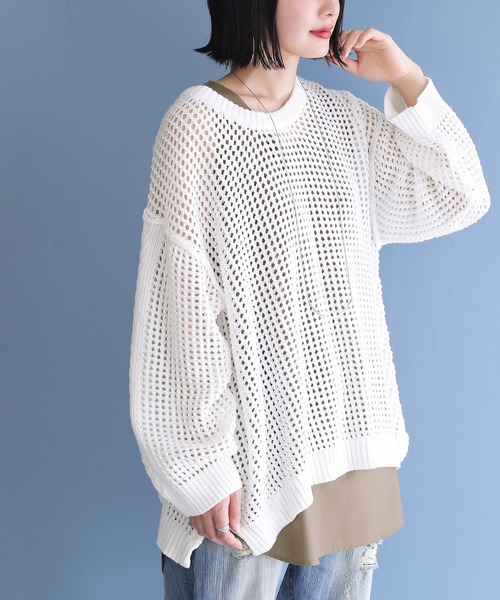 osharewalker（オシャレウォーカー）の「【廃盤】『ケーブル切替メッシュニット』（ニット/セーター・レディース・グレイッシュブルー/ブラック/オフホワイト・FREE）」の8枚目の写真