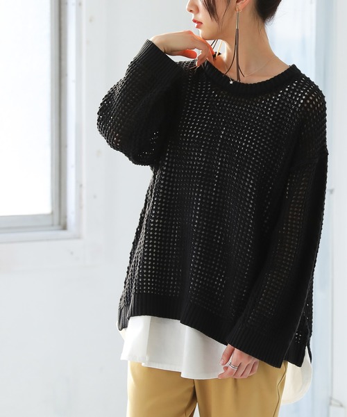 osharewalker（オシャレウォーカー）の「【廃盤】『ケーブル切替メッシュニット』（ニット/セーター・レディース・グレイッシュブルー/ブラック/オフホワイト・FREE）」の5枚目の写真