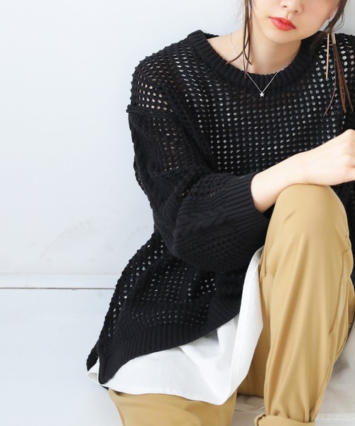 osharewalker（オシャレウォーカー）の「【廃盤】『ケーブル切替メッシュニット』（ニット/セーター・レディース・グレイッシュブルー/ブラック/オフホワイト・FREE）」の12枚目の写真