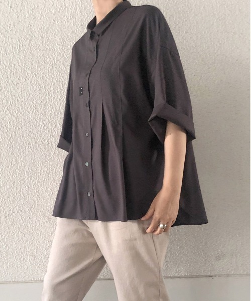 Rydia（リディア）の「タックワイドシャツ（シャツ/ブラウス・レディース・モカ/スミクロ/オフホワイト・M）」の2枚目の写真