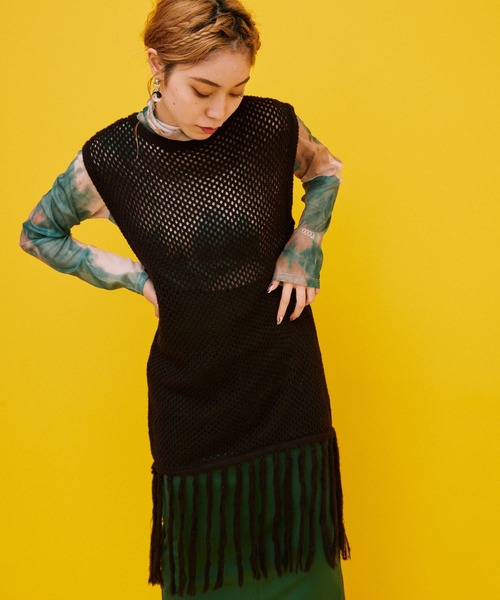 byYOUANCE（バイユアンス）の「メッシュフリンジニットベスト（ベスト・レディース・ブラック/サックスブルー/アイボリー・FREE）」の18枚目の写真