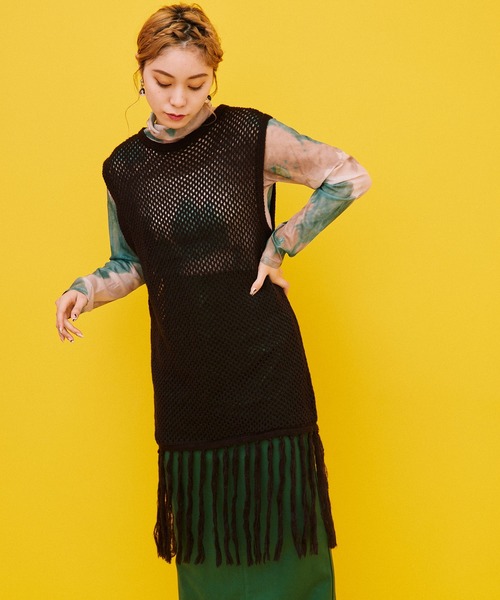 byYOUANCE（バイユアンス）の「メッシュフリンジニットベスト（ベスト・レディース・ブラック/サックスブルー/アイボリー・FREE）」の19枚目の写真