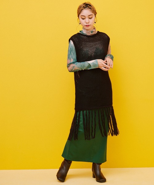 byYOUANCE（バイユアンス）の「メッシュフリンジニットベスト（ベスト・レディース・ブラック/サックスブルー/アイボリー・FREE）」の5枚目の写真