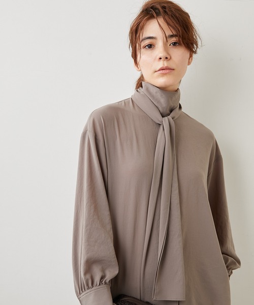 Whim Gazette　ウィムガゼット　ボウタイ　ブラウス　茶色　オフィス セール】シルクローンボウタイブラウス（シャツ/ブラウス