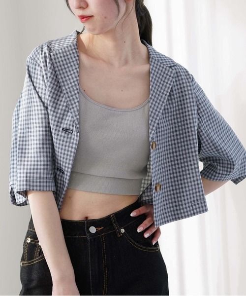 archives(アルシーヴ)の「【setupにも】チェックショートシャツジャケット(テーラードジャケット・レディース・ベージュ/ネイビー/グリーン・MEDIUM)」の3枚目の写真