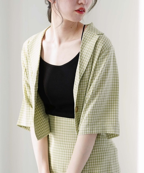 archives(アルシーヴ)の「【setupにも】チェックショートシャツジャケット(テーラードジャケット・レディース・ベージュ/ネイビー/グリーン・MEDIUM)」の2枚目の写真
