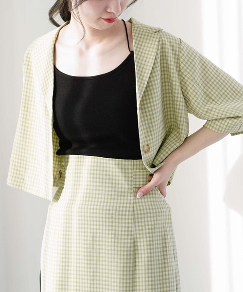 archives(アルシーヴ)の「【setupにも】チェックショートシャツジャケット(テーラードジャケット・レディース・ベージュ/ネイビー/グリーン・MEDIUM)」の7枚目の写真