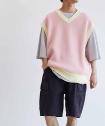 【WEB限定】LOGAN/ローガン 別注 カレッジニット Vネック ビッグシルエット ワイド ベスト ワッペン付