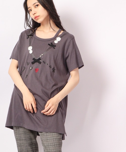 Anna Nicola（アンナニコラ）の「Anna Nicola アクセサリー柄加工 Tシャツ（Tシャツ/カットソー・レディース・グレー/オフホワイト/シルバーグレー・38）」の3枚目の写真