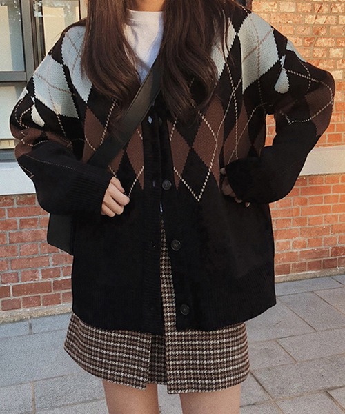 レディース アーガイル柄オーバーサイズニットカーディガン