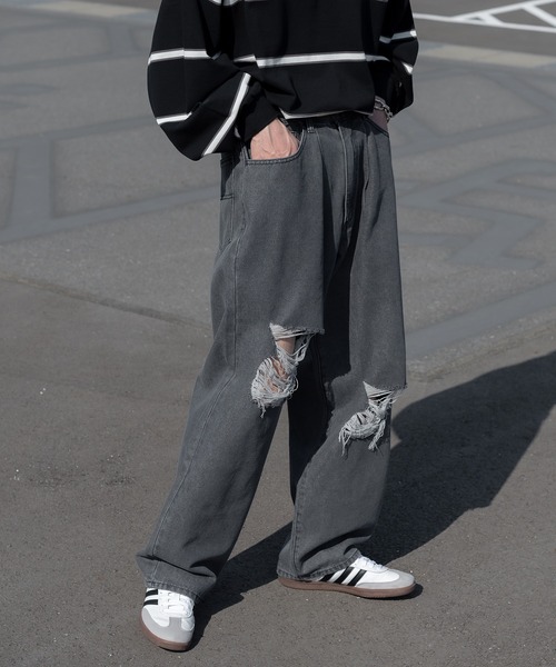 Perushu（ペルーシュ）の「ワイドストレートダメージデニム（デニムパンツ・メンズ・インディゴブルー/ブラック・LARGE/SMALL/MEDIUM）」の3枚目の写真
