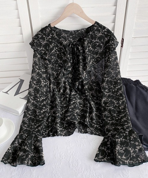 Felt-Maglietta(フェルトマリエッタ)の「小花柄フリルシアーブラウス(シャツ/ブラウス・レディース・ホワイト/ブラック/グリーン/ワインレッド・FREE)」の2枚目の写真