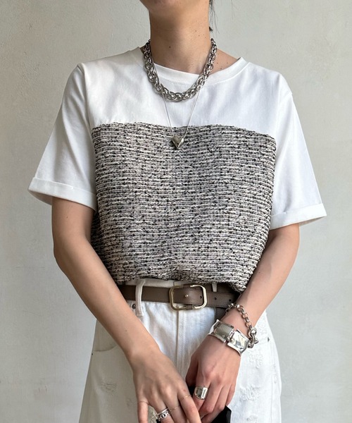 DouDou(ドゥドゥ)の「【WEB限定】ツイードビスチェ風TEE(Tシャツ/カットソー・レディース・ブラック/オフホワイト・FREE)」の5枚目の写真