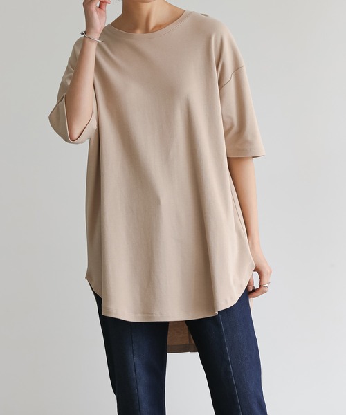 for/c(フォーシー)の「USAコットンラウンドヘムTシャツ【サスティナブル】(Tシャツ/カットソー・レディース・オリーブ/サックスブルー/ネイビー/ブルー/グレー/アイボリー/ラベンダー/ホワイト/ブラック/ベージュ/ホワイト×ブルー/ホワイト×ブラック・M/L/LL)」の7枚目の写真