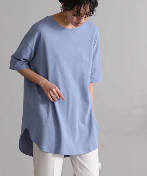for/c(フォーシー)の「USAコットンラウンドヘムTシャツ【サスティナブル】(Tシャツ/カットソー・レディース・オリーブ/サックスブルー/ネイビー/ブルー/グレー/アイボリー/ラベンダー/ホワイト/ブラック/ベージュ/ホワイト×ブルー/ホワイト×ブラック・M/L/LL)」の11枚目の写真